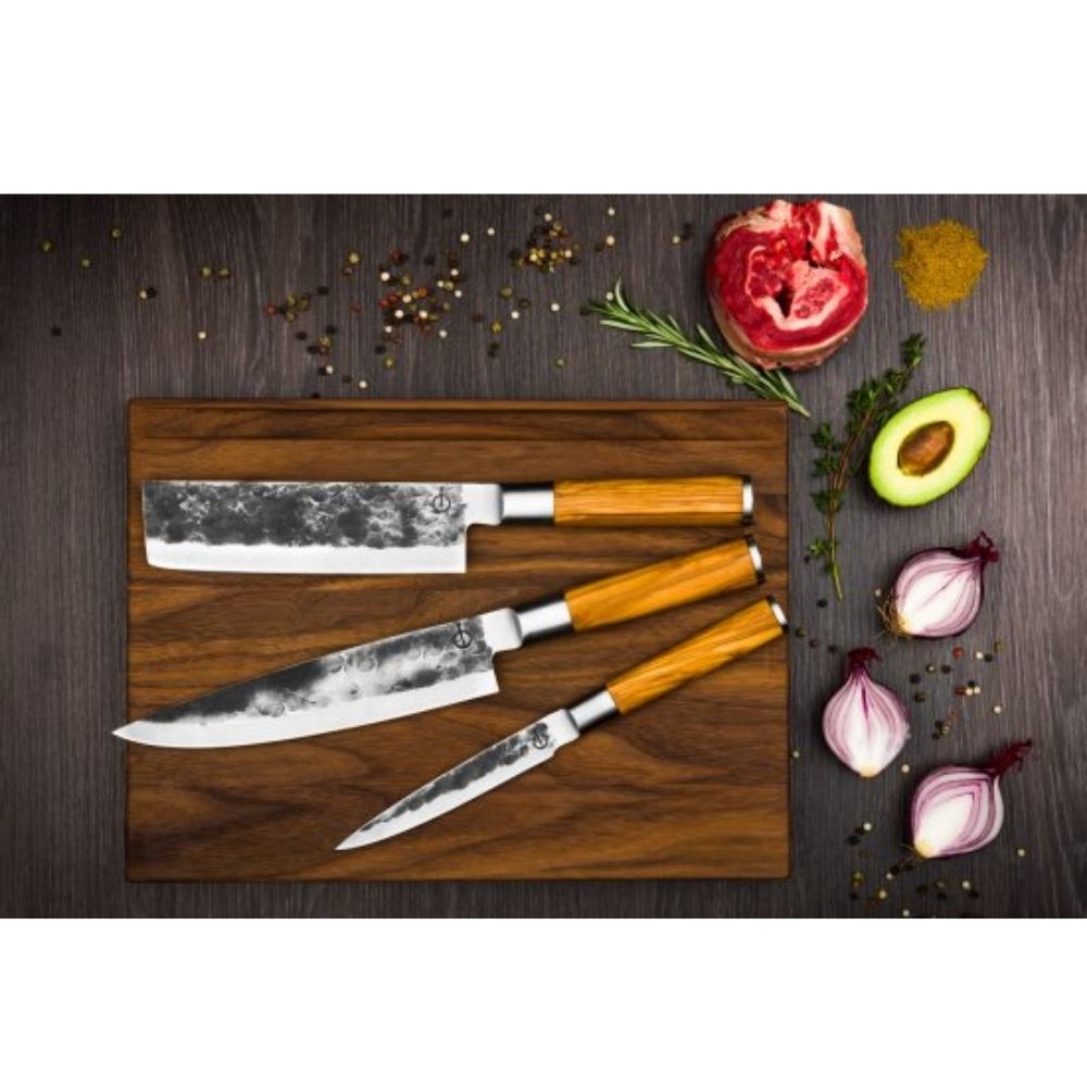 Set japonskih nožev (Chef´s knife, Vegetable in Utility knife), olive wood