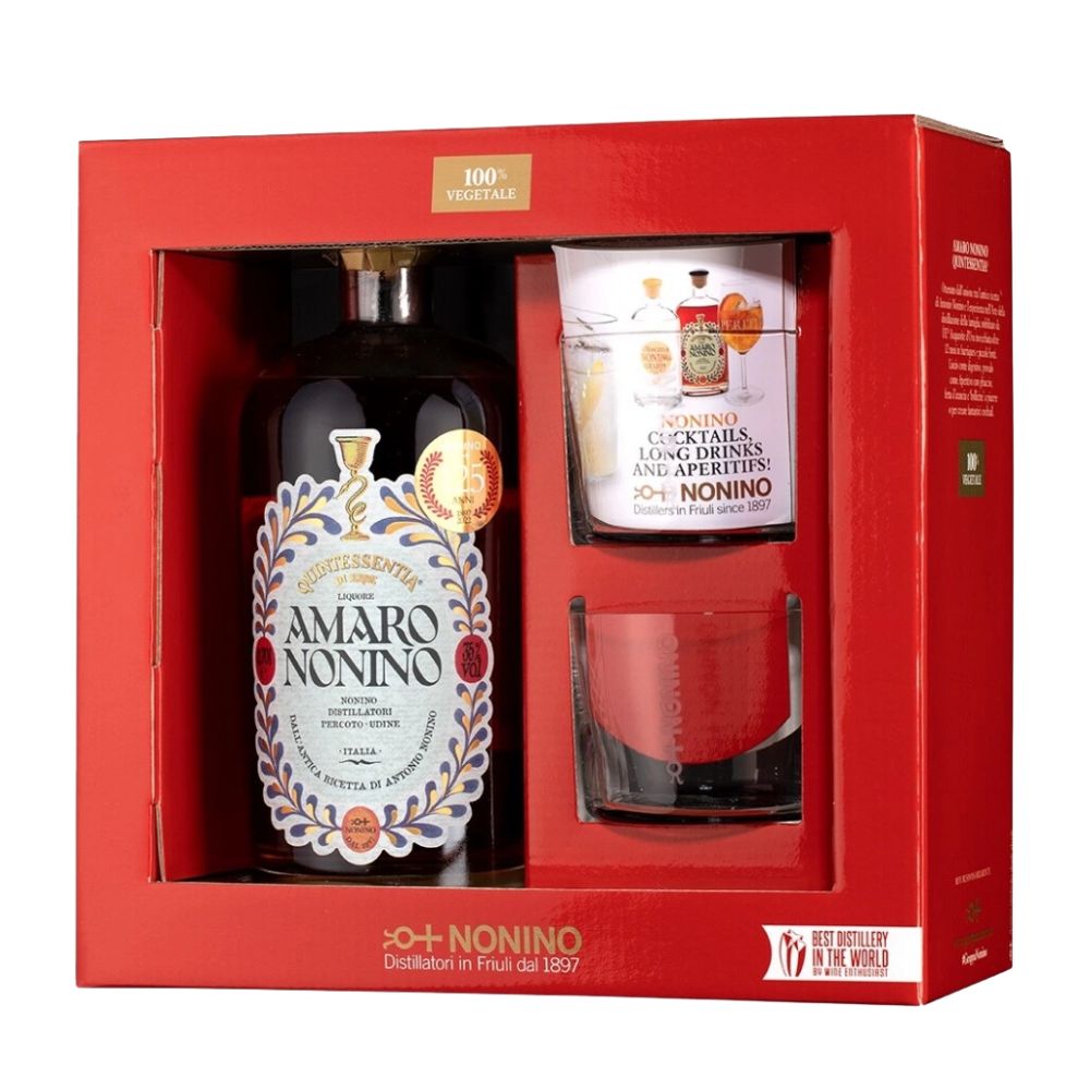 Nonino Amaro Red v darilnem pakiranju s kozarcema